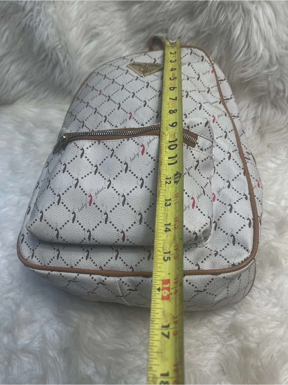 Babyphat synthetic Beige Patterned Backpack with Brown Trim gold accent